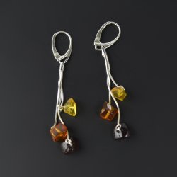 Medium long amber earrings mix  silver beads